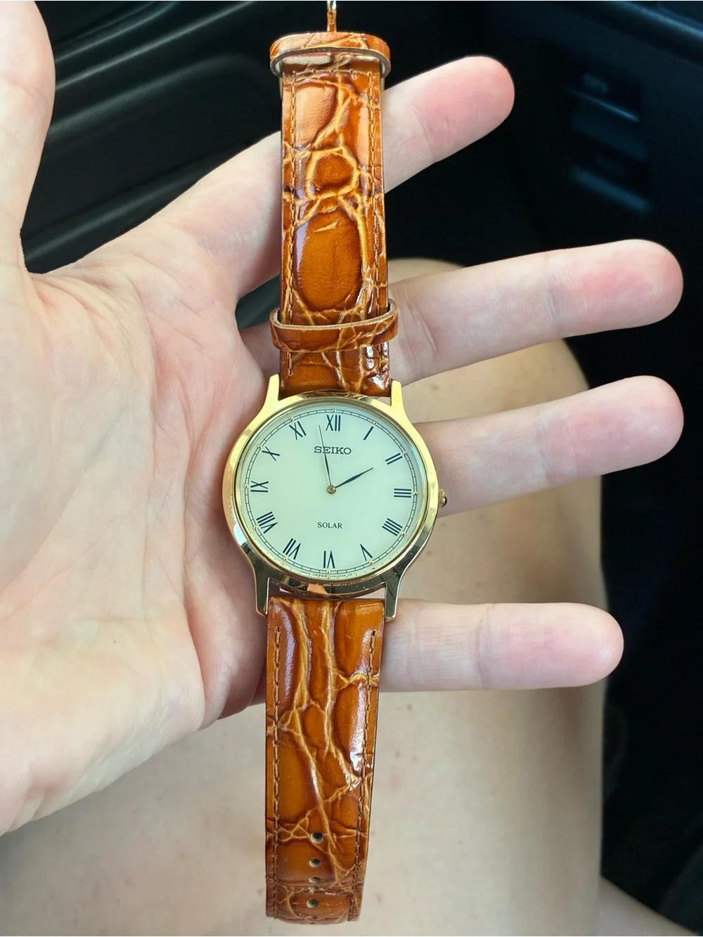 Seiko Gold-Tone Case Watch with White Dial and Brown Leather Strap
